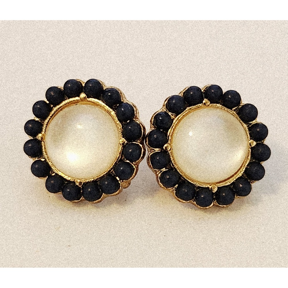 Navy Blue and Cream Beaded Halo Button Stud Earrings Gold Tone Round 0.75"